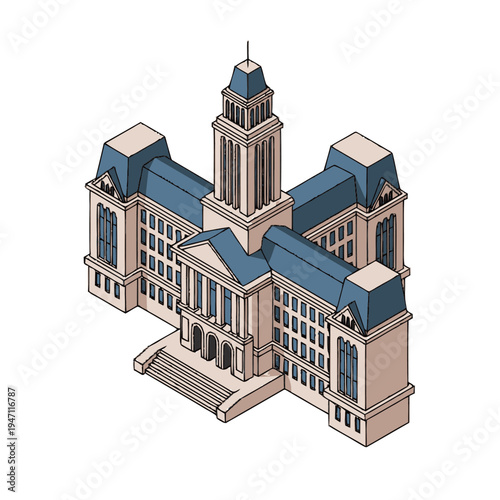 An isometric illustration of a grand, symmetrical institutional building with a central tower and classical architectural elements.