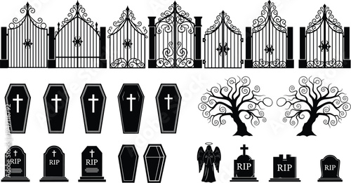 Cemetery icons with coffins, tombstones, wrought iron gates, RIP symbols, gothic angel figure, leafless trees, graveyard vector illustration artwork