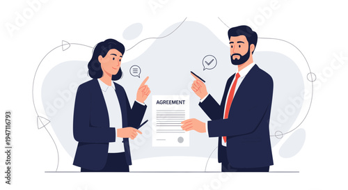 Business agreement signing: man and woman in suits discuss contract details