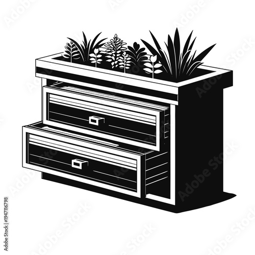 Modern filing cabinet with plants, black and white, creative storage
