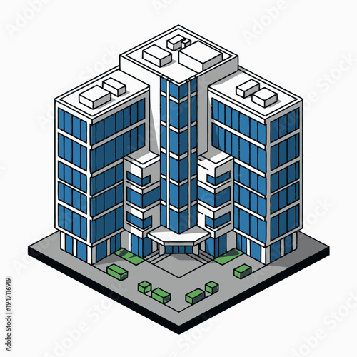 Isometric illustration of a modern office building with blue glass windows and a central entrance, surrounded by a paved area with small green bushes and parked cars.