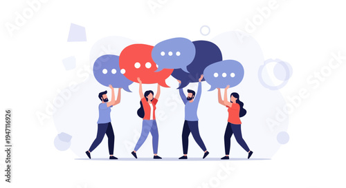 Diverse people holding speech bubbles, communication, teamwork, social media, discussion