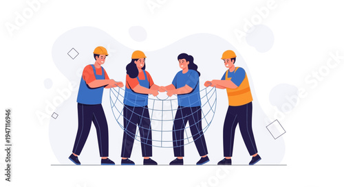 Teamwork construction workers holding net, collaboration, safety, success, partnership