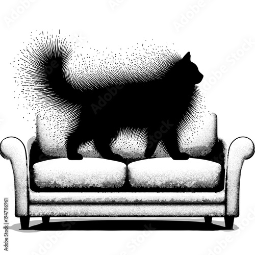 Black cat sneaking on couch in modern minimalist art