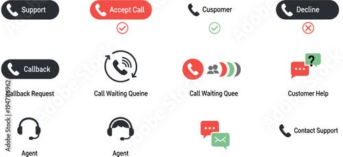 Customer support call service UI icon set with accept call decline callback request agent and contact support illustration