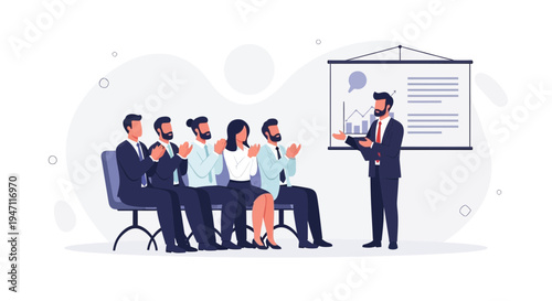 Business presentation success: Speaker receives applause from an appreciative audience in a meeting.