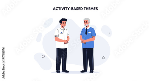 Two men, one young and one old, in uniform, standing and talking.