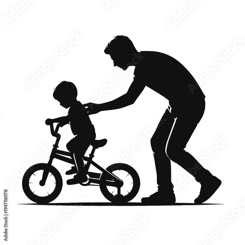 Parent teaching child to ride bicycle outdoors