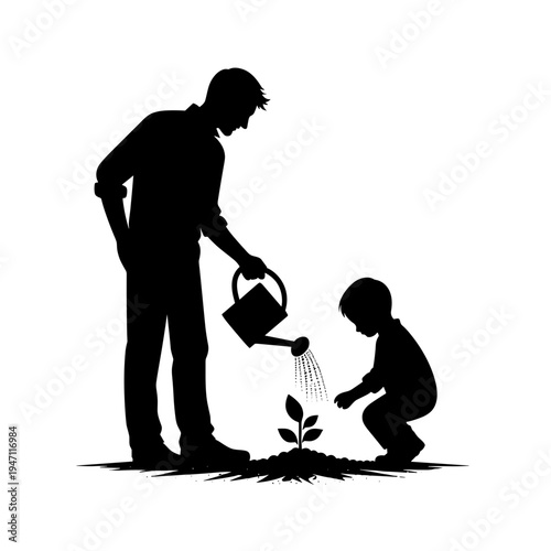 People watering young plant together in garden scene