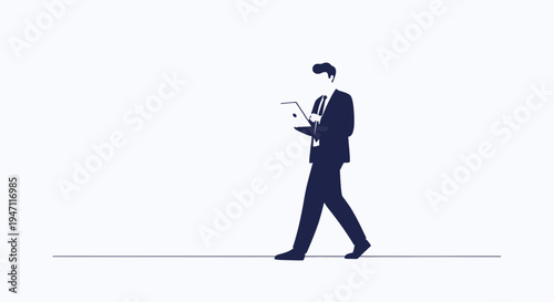 Businessman walking with tablet, minimalist illustration, business concept