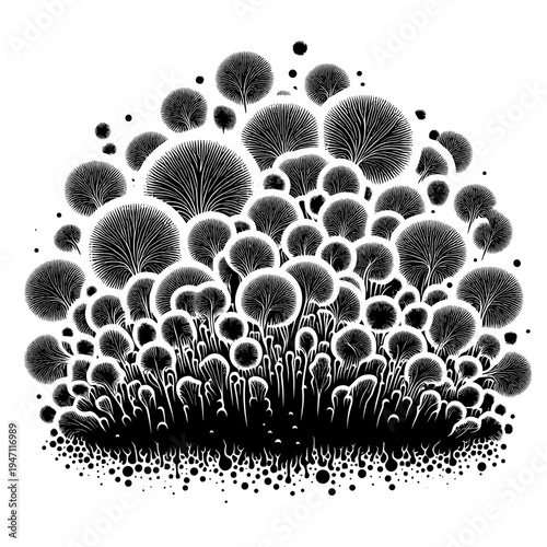 Mold spores on a wall illustration in black and white, symbolic art