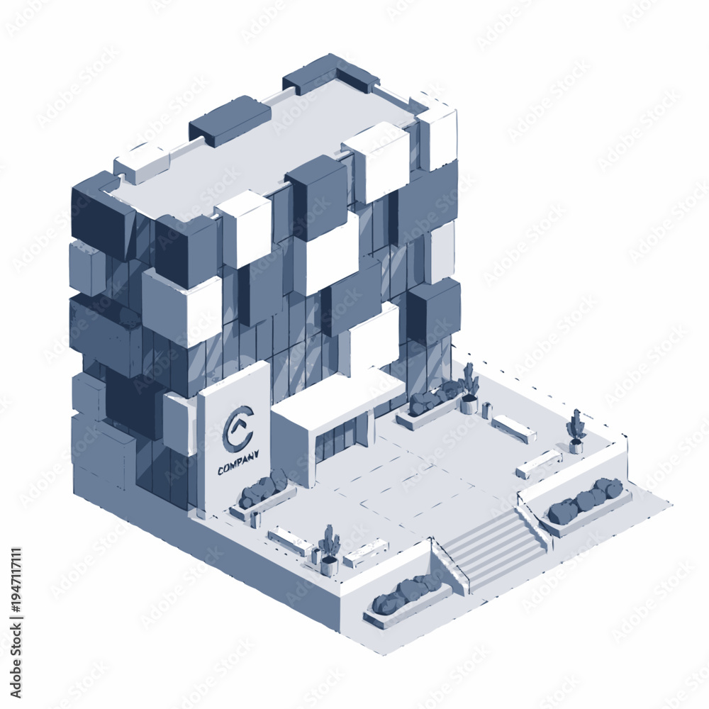 Fototapeta premium Isometric view of a modern office building with a unique facade and surrounding landscape, featuring a prominent entrance and outdoor seating areas.