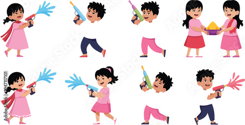 Joyful group of people celebrating with vibrant colored powders during festive event, capturing fun, energy, and cultural celebration vector illustration