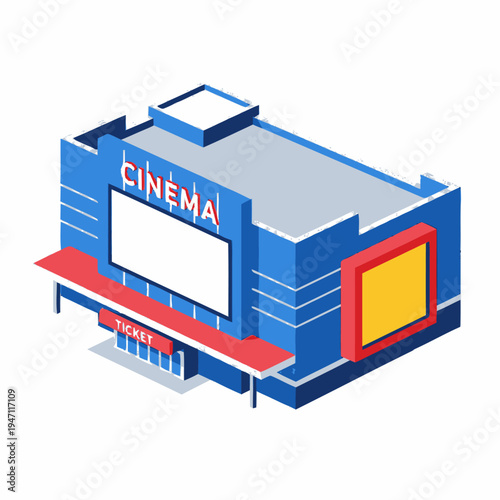 Isometric illustration of a blue and red cinema building with a large screen and ticket booth, representing entertainment and moviegoing.