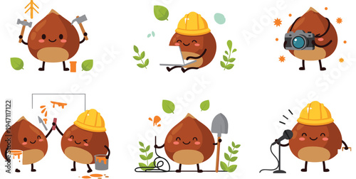 Cute chestnut cartoon worker character set with construction planting painting photography singing hobby activity illustration collection