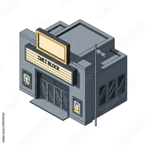 An isometric illustration of a classic movie theater building with a marquee displaying 'THE T BLOCK' and posters on either side of the entrance.