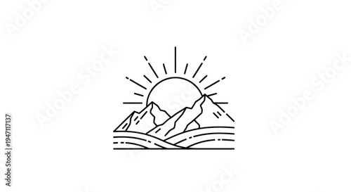 Mountain sunrise line art illustration