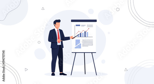 Businessman presenting financial report with charts on a whiteboard