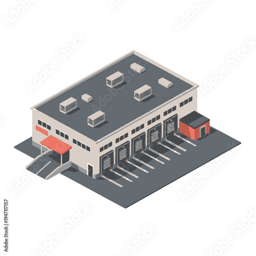 Isometric illustration of a modern warehouse building with multiple loading docks and an office entrance.