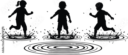 Children jumping in puddles silhouette, kids playing in rain water splash, childhood fun outdoor activity vector illustration