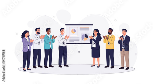 Business team applauding successful presentation at meeting, diverse people celebrating achievement