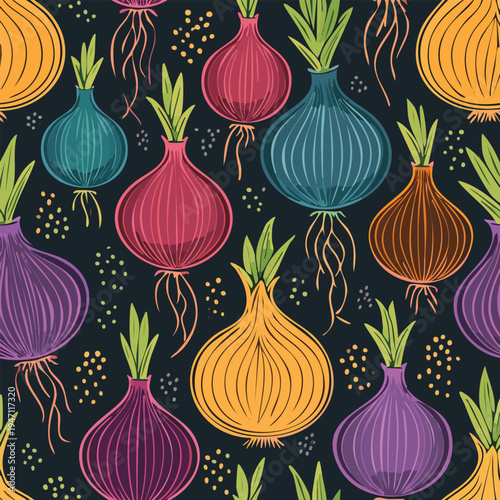 Colorful hand drawn onion seamless pattern design with dark background