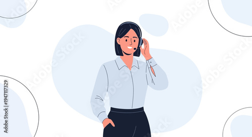 Professional woman with headset, customer support operator, flat illustration style