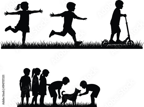 Children playing outdoors silhouettes kids running riding scooter and petting dog on grass playful childhood activity scene