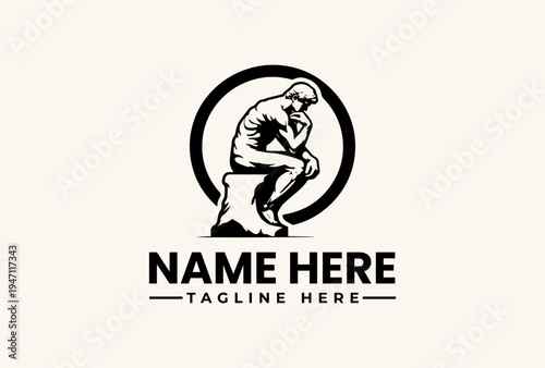 Free Download A black and white logo featuring a man deep in thought, sitting on a rock within a circular frame, with placeholder text for a name and tagline on a plain beige background. - GFXLoad