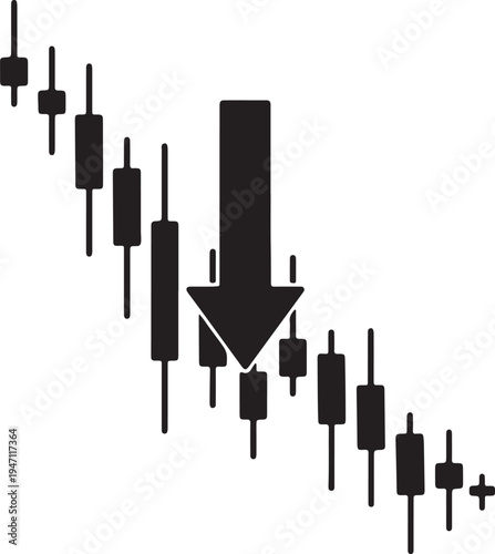 "Bearish candlestick chart vector illustration with downward arrow highlighting market decline and financial loss"