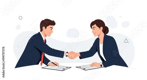 Business partners shaking hands over a deal, signing contract, agreement, teamwork