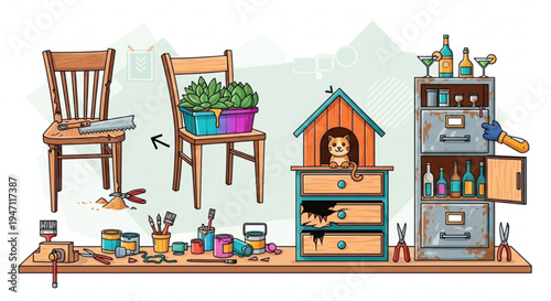 Cluttered workshop with dog in cabinet tools and furniture rearrangement