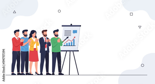 Team applauding successful business presentation with growth chart on whiteboard