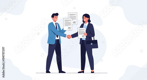 Business partners shaking hands over contract agreement, successful deal, teamwork, partnership