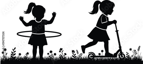 Children playing outdoors silhouette, hula hoop and scooter activity, black vector illustration, childhood fun, recreation, health, fitness, outdoor lifestyle