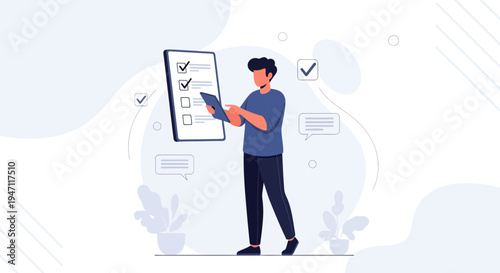 Man checking tasks on a digital checklist, modern flat illustration, business concept