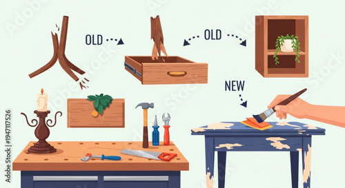 Upcycling old furniture into new decorative pieces with tools and paint