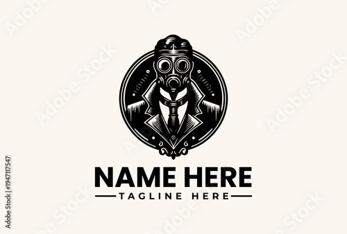 A black and white illustration of a gas mask wearing figure in a circular logo with placeholder text for a name and tagline on a beige background.