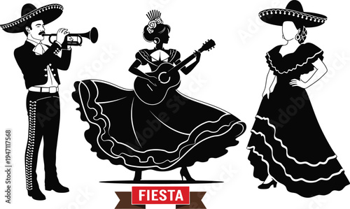 Traditional Mexican mariachi musicians and dancers in festive attire performing music and dance isolated on transparent  background