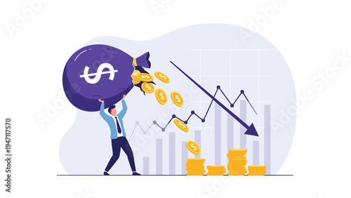 Businessman struggling to carry heavy money bag with leak against backdrop of declining financial market graph.