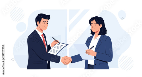 Business partners shaking hands and signing contract, agreement, partnership concept
