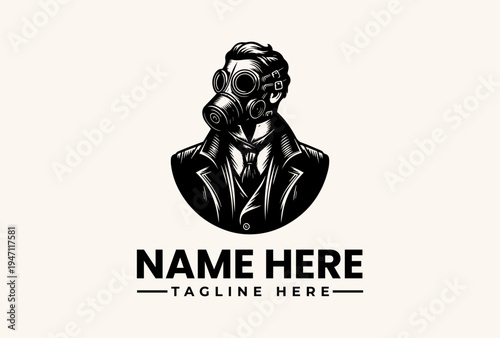 A black and white illustration of a man in a suit and gas mask, with a placeholder name and tagline on a plain background, featuring a logo and vector graphic design.