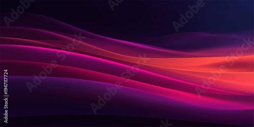 A glowing abstract background features flowing purple and pink waves of light and energy in a motion pattern design with elegant blue curves and textured lines