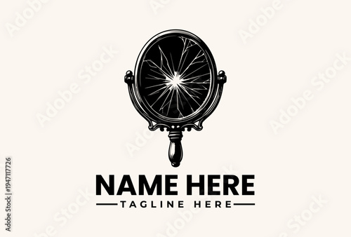 Black and white illustration of a compass with a starburst design, accompanied by placeholder text for a logo or brand name, against a plain beige background.