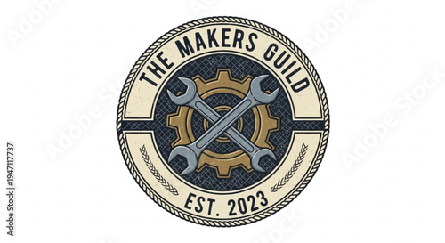 The makers guild logo with crossed wrenches and gears on a rope textured background