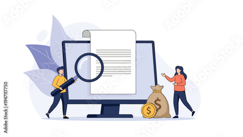 Professionals examining digital documents with magnifying glass next to money bag representing financial audit.