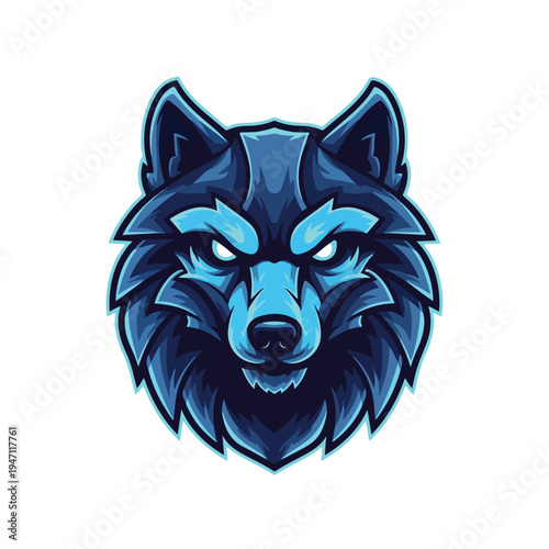 A stylized blue wolf vector logo with a sharp gaze and futuristic design on a clean white background