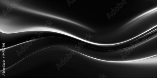Abstract black and white background with smooth flowing silk waves and purple light curves creates a soft satin texture design for a vector wallpaper backdrop