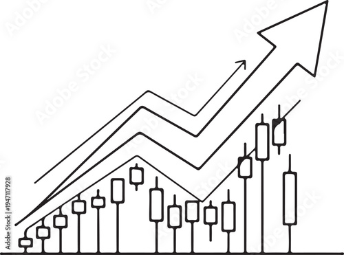 Bullish Stock Market Candlestick Chart with Rising Arrow Line Icon Vector, Trading Growth and Financial Success Concept