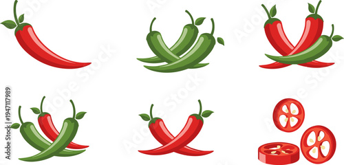 Fresh Chili Pepper Collection with Red and Green Hot Peppers and Sliced Chili Pieces for Cooking, Spicy Food Ingredients, and Culinary Design